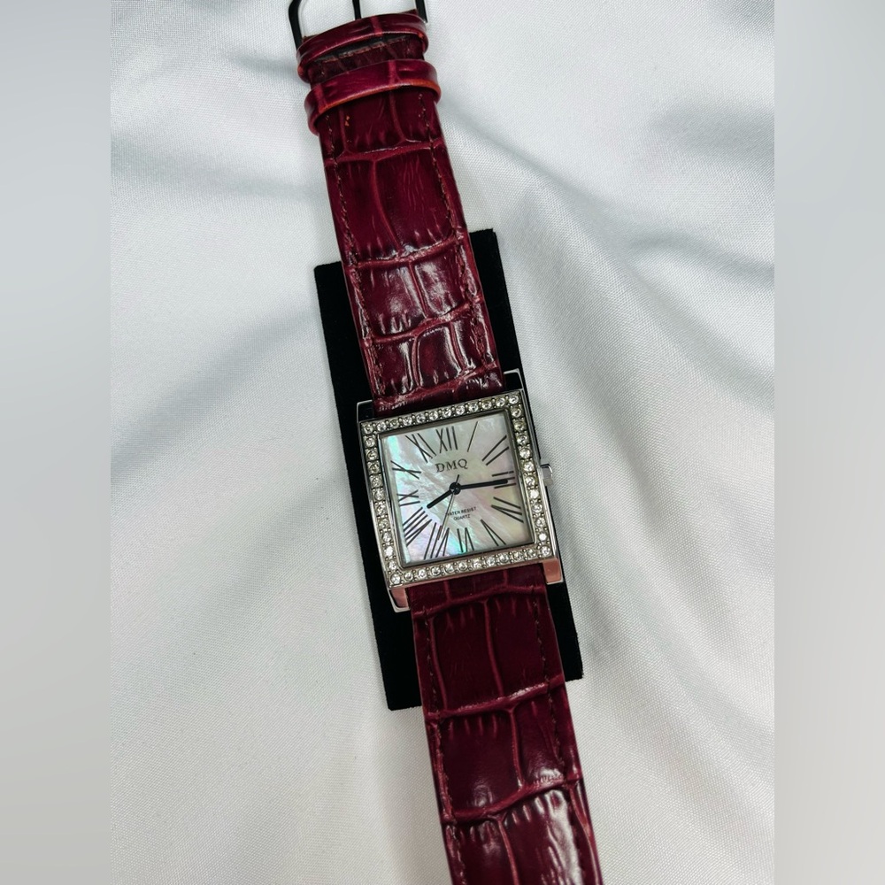 Diamonique DMQ Square Face Crystal Bezel Watch Burgundy Croc Band